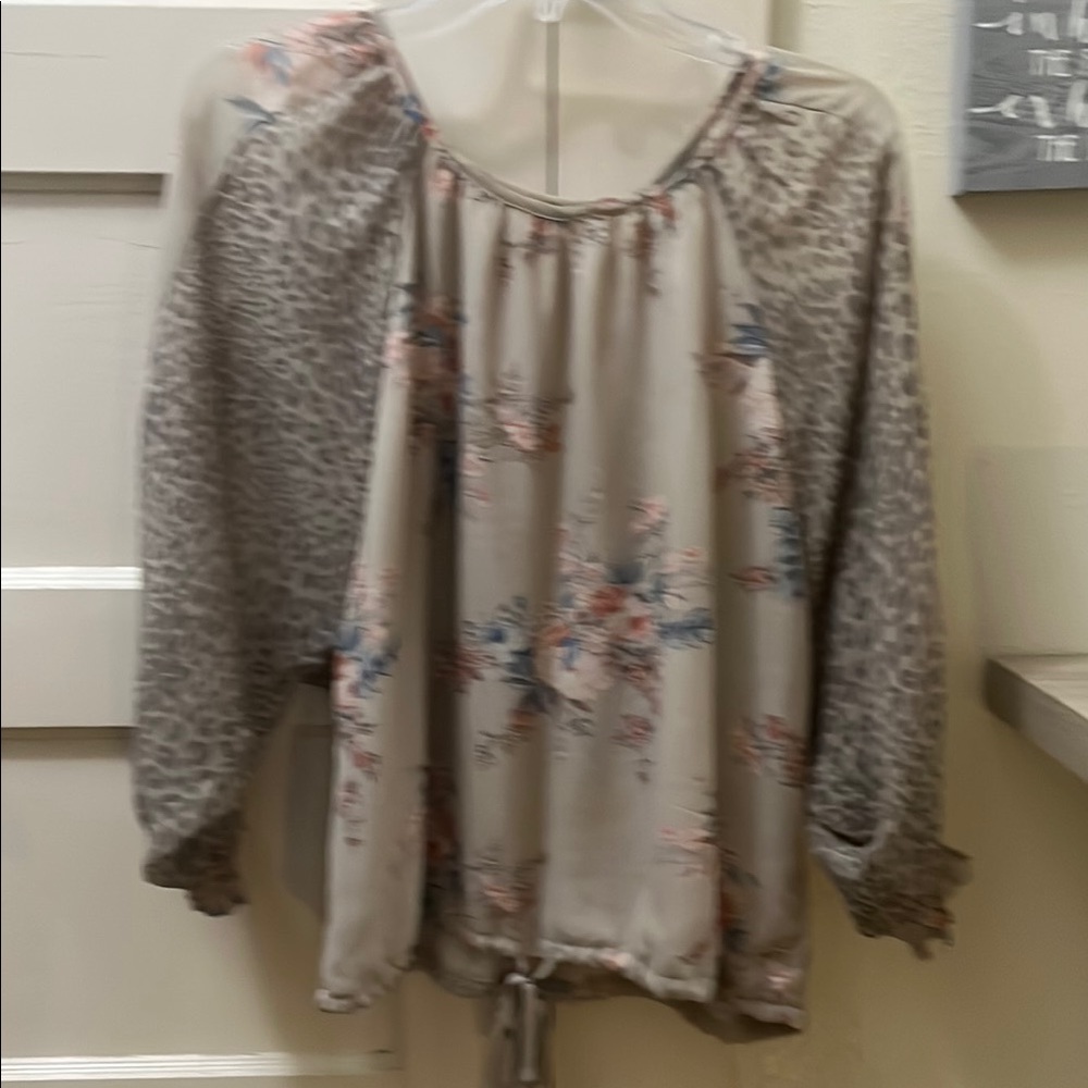 Cato Tan and Brown Tie Front Blouse with 3/4 Sleeves